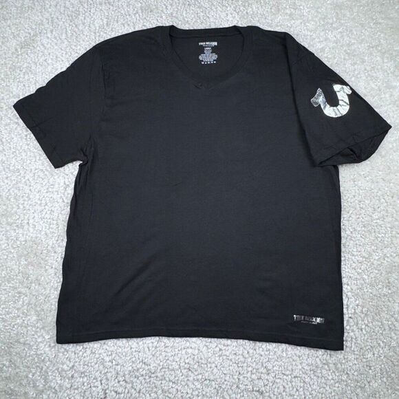 True Religion V-Neck Black Silver Logo T-Shirt - Picture 1 of 6